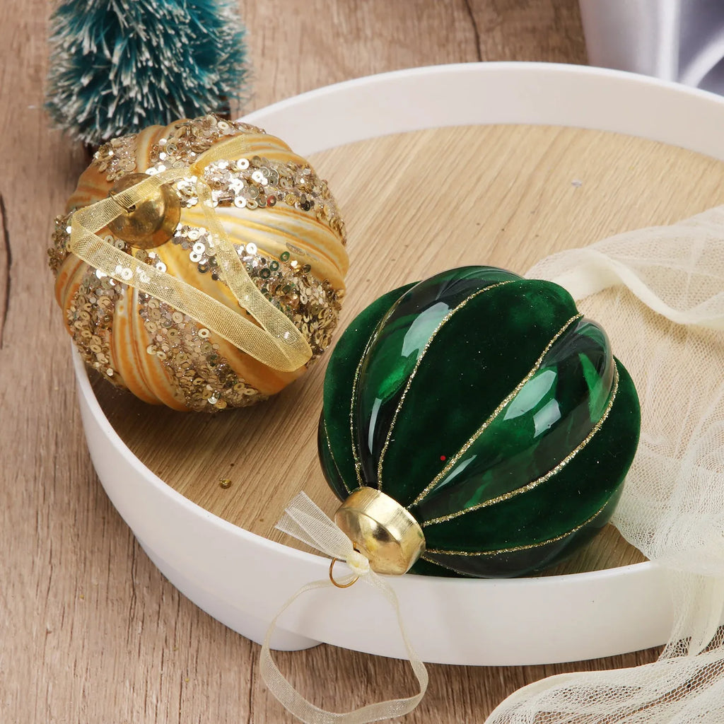 Green and yellow striped flocked glass Christmas ball ornament 80mm