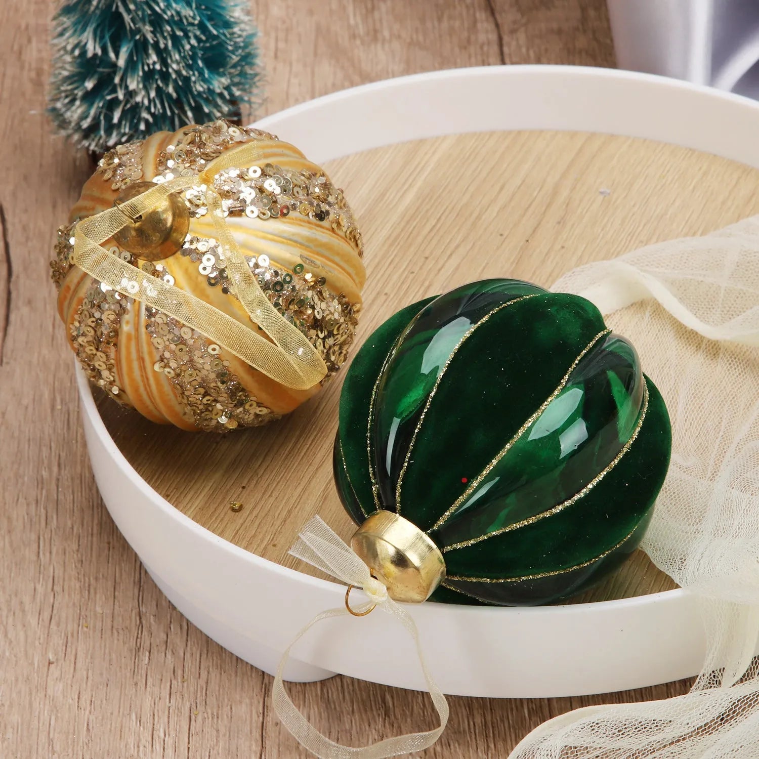 Green and yellow striped flocked glass Christmas ball ornament 80mm