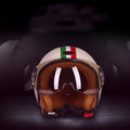 Retro-style half helmet for battery cars in bright blue and red colour combination showing ABS construction