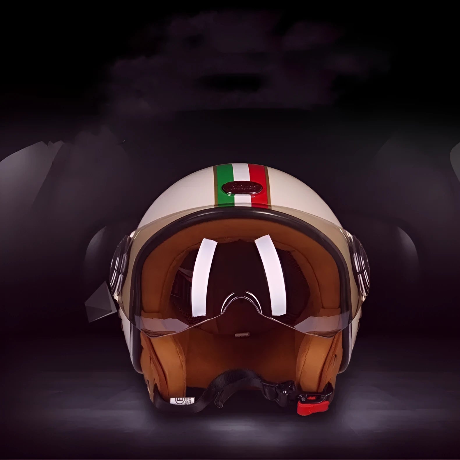 Retro-style half helmet for battery cars in bright blue and red colour combination showing ABS construction