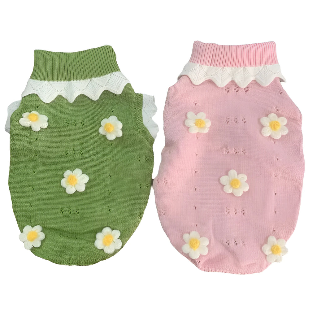 Green fleece pet sweater with flower blossom pattern showing size chart for dogs and cats.