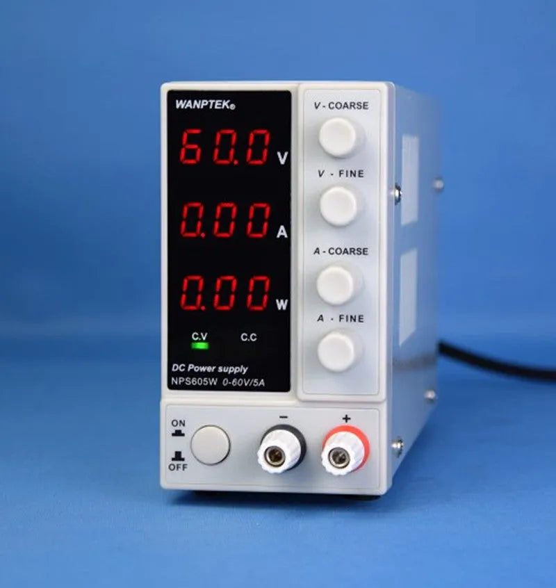 White adjustable DC power supply model S605W with display showing 0-60V voltage range for mobile phone repair