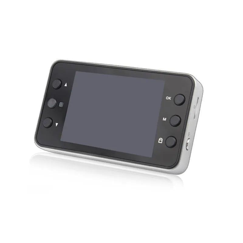 K6000 black driving recorder, 90x54x16mm, with 140° front lens and 720P recording, shown with mounting bracket.