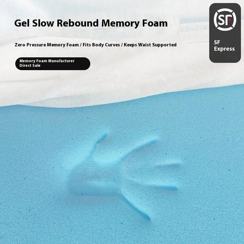 Thin gel memory cotton mattress on a tatami mat, showing 2cm, 3cm, and 5cm thickness options.