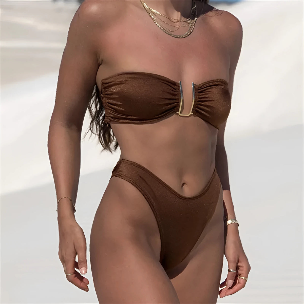 Brown women's nylon U shape V neck swimsuit bikini on female model