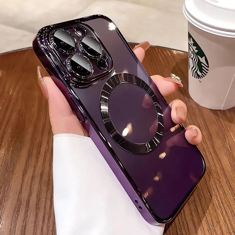 Electroplated TPU phone case with MagSafe magnetic suction for iPhone 11-14 models, shown in Desert Gold.