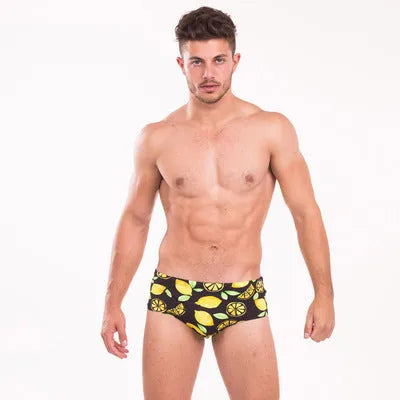 Men's low rise spandex swim boxer briefs in photo colour, sizes S to XXL