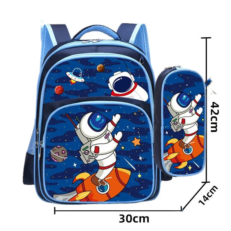 Blue anime cartoon print nylon school backpack with matching pencil case.