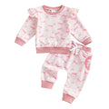 Bow Full Printed Long Sleeve Top and Trousers Suit for Babies and Toddlers in Pink, Pullover Style, 95% Polyester 5% Spandex, Sizes 0-6M to 2-3Y with Measured Lengths, Bust, Waist, Hips and Crotch Details
