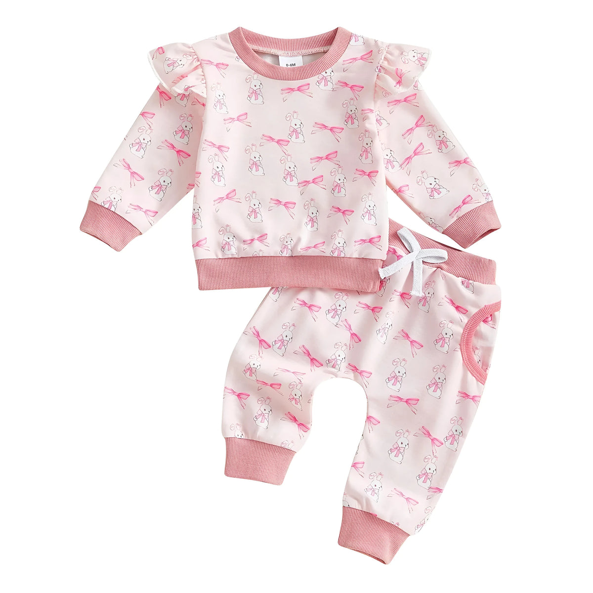 Bow Full Printed Long Sleeve Top and Trousers Suit for Babies and Toddlers in Pink, Pullover Style, 95% Polyester 5% Spandex, Sizes 0-6M to 2-3Y with Measured Lengths, Bust, Waist, Hips and Crotch Details