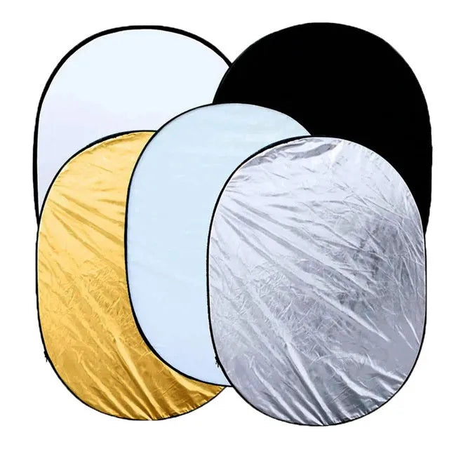 5 in 1 collapsible photography light reflector showing gold silver white black translucent surfaces