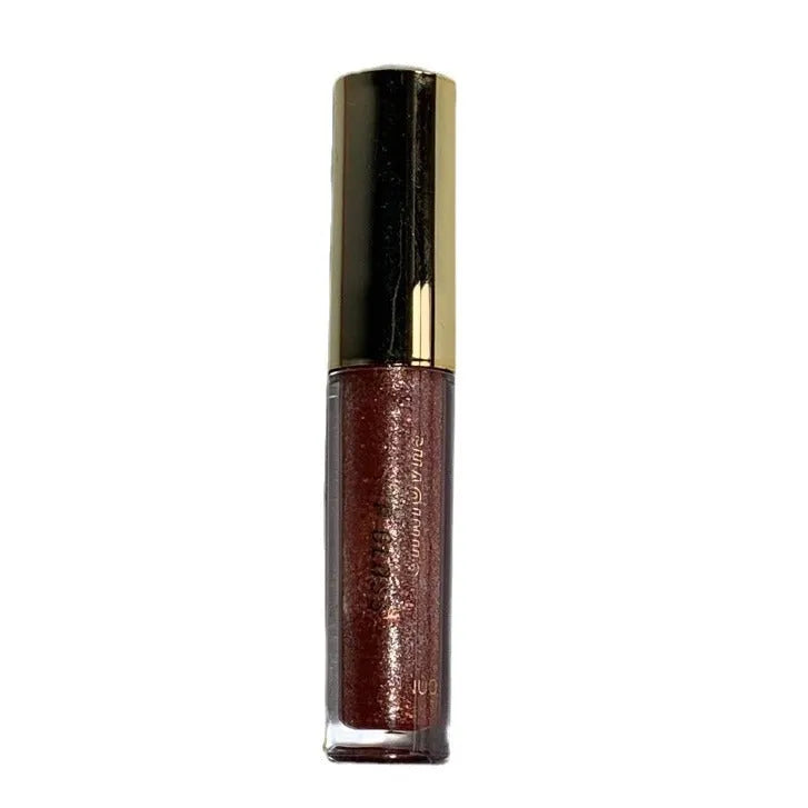 Moisturising lip gloss tube showing reflective finish in choice of five colours: pink, gold, peach, purple, and red.