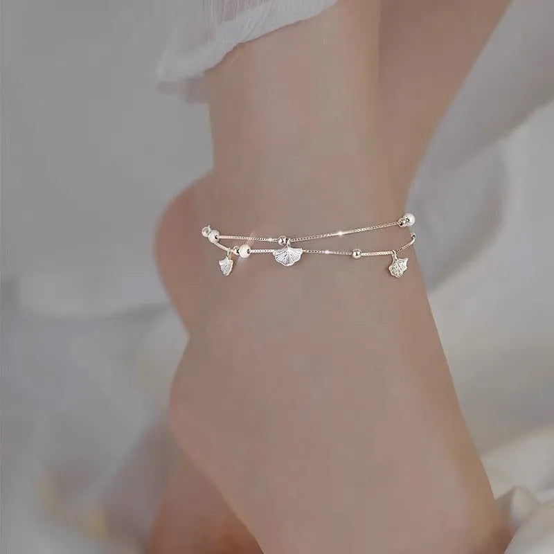 Silver plated ginkgo leaf anklet for women, simple flower shape on white copper base