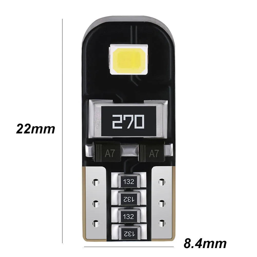 T10 W5W 2W white LED car light bulb with circuit board construction and waterproof rating