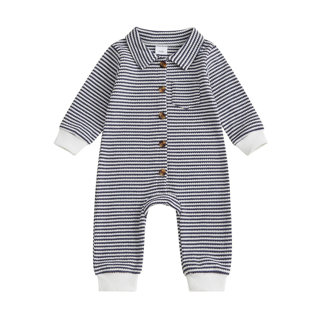 Babies' front open single-breasted knitted long sleeve jumpsuit in waffle cotton, light blue colour