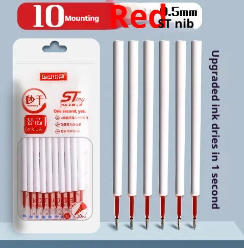 Pack of 10 quick-drying bullet pen refills showing black, blue, red, and ink blue ink colours.