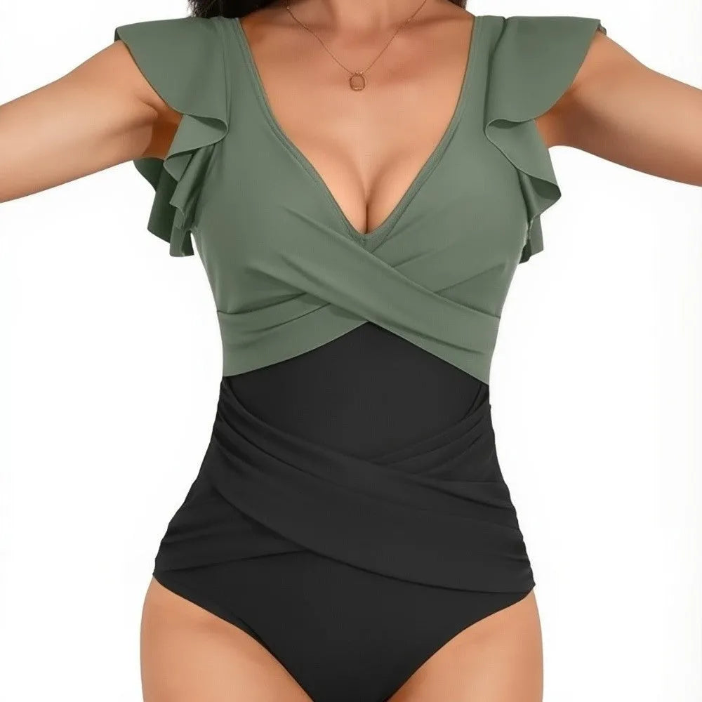 V-neck lotus leaf high waist backless one piece swimsuit for women in Rose Black colour