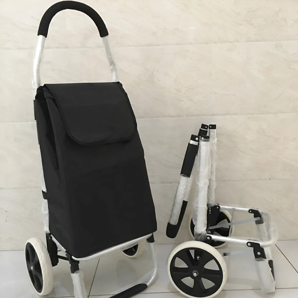 Folding aluminium alloy shopping cart trolley with pull rod and white ring bull wheel in black colour