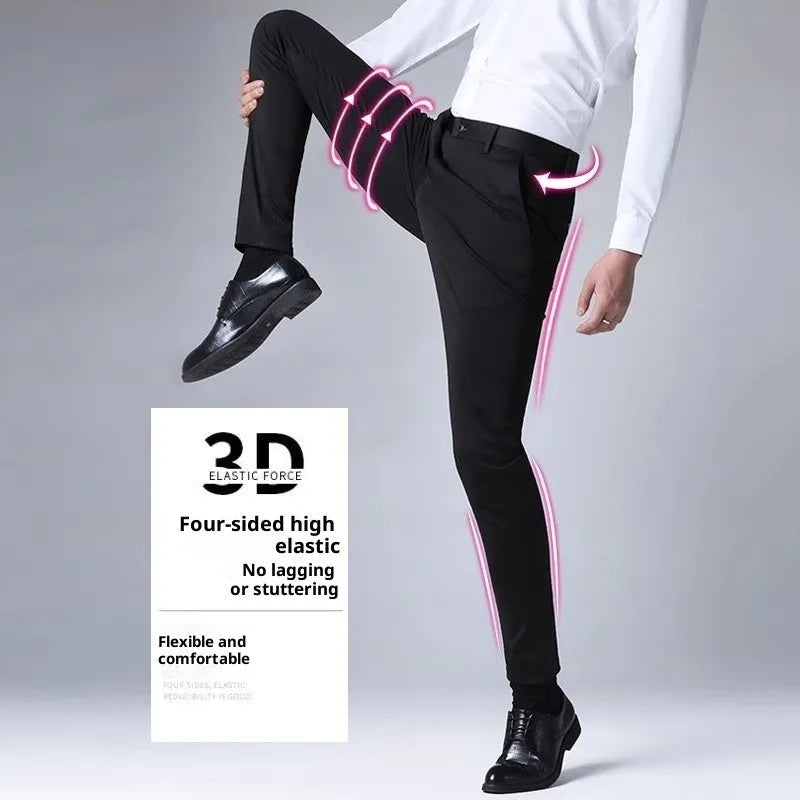 Men's black slim straight formal pants in polyester fibre with micro-elastic fit, size options 29-42