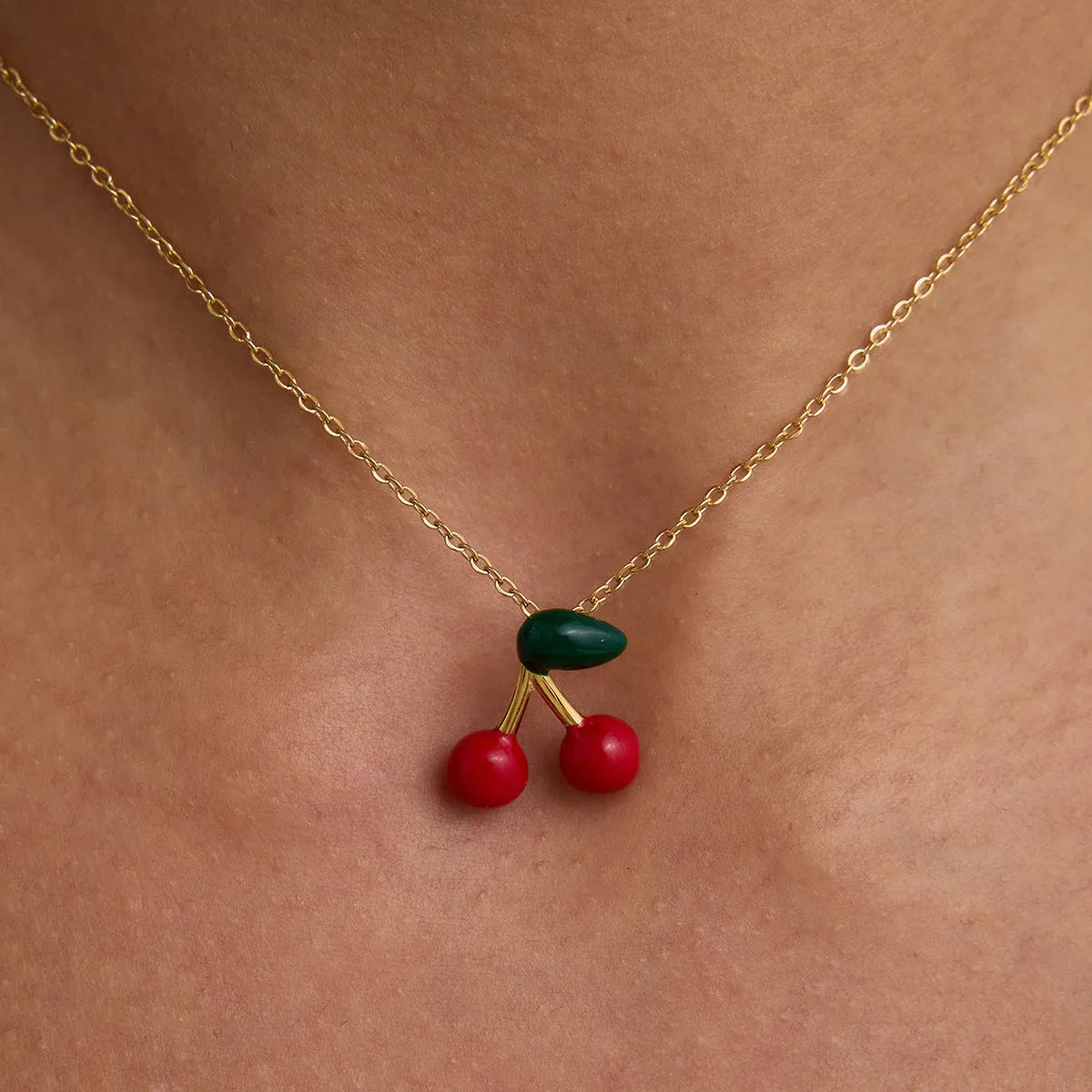 Stainless steel fruit-shaped pearl necklace with cherry pendant for women, light luxury style