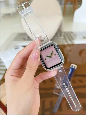 Brown transparent silicone replacement strap for Apple Watch, showing connector for compatible models.