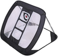 Foldable golf practice net in black on grass with square target for chipping drills