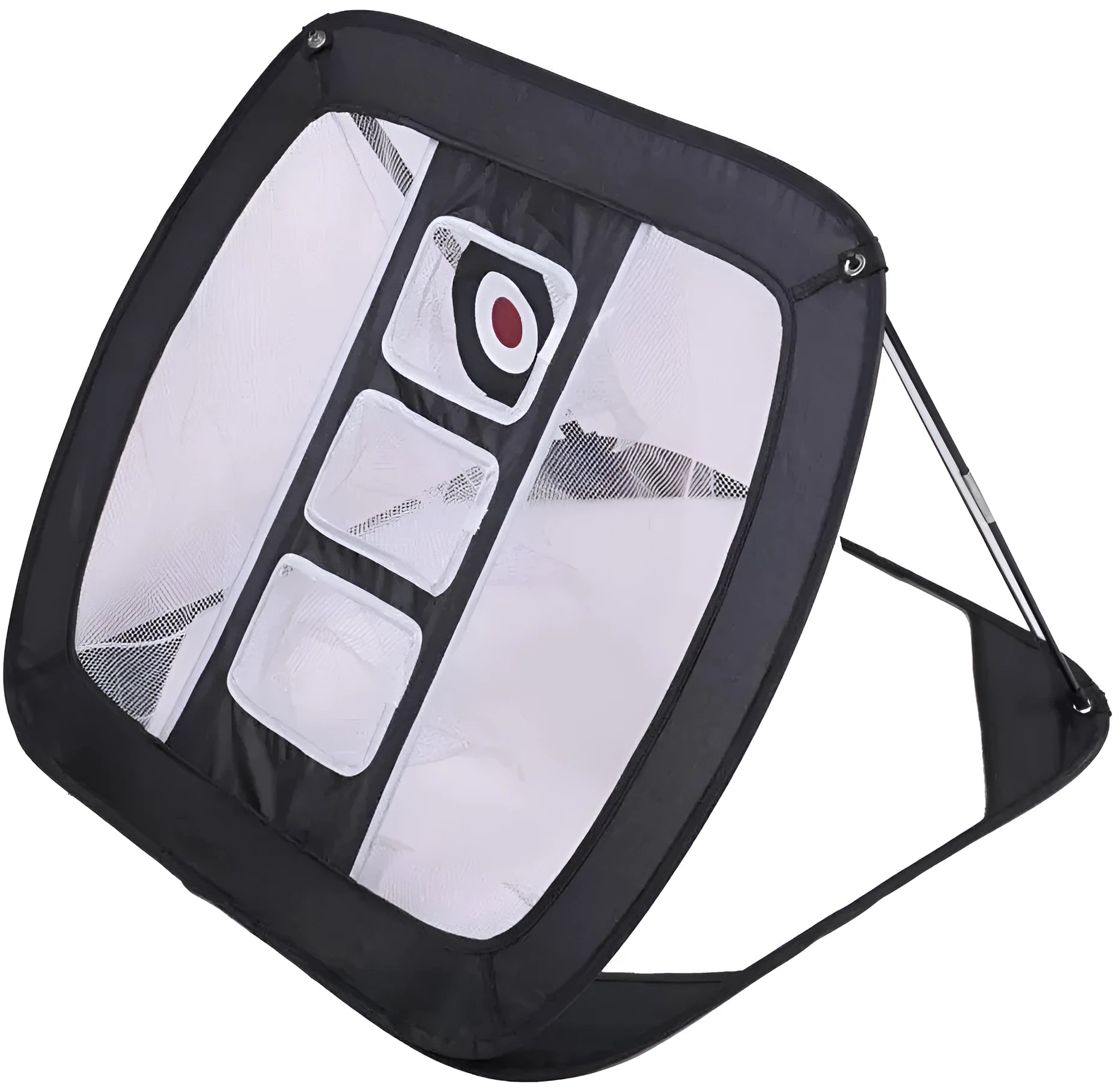 Foldable golf practice net in black on grass with square target for chipping drills