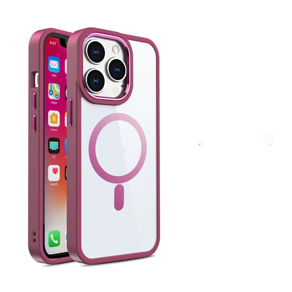 Magnetic transparent silicone phone case on an iPhone, showing colour options like green and red.