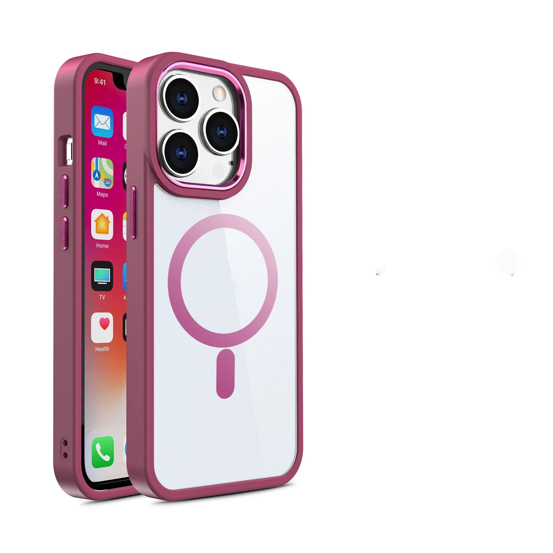 Magnetic transparent silicone phone case on an iPhone, showing colour options like green and red.