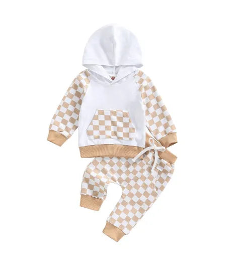 Boys' plaid patchwork cotton hoodie and trousers suit in beige and black neutral colours