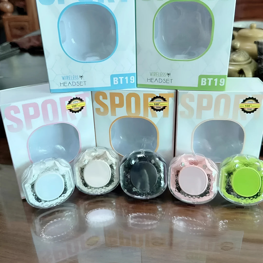 BT19 earclip wireless sports Bluetooth earphones in white with digital display and button controls