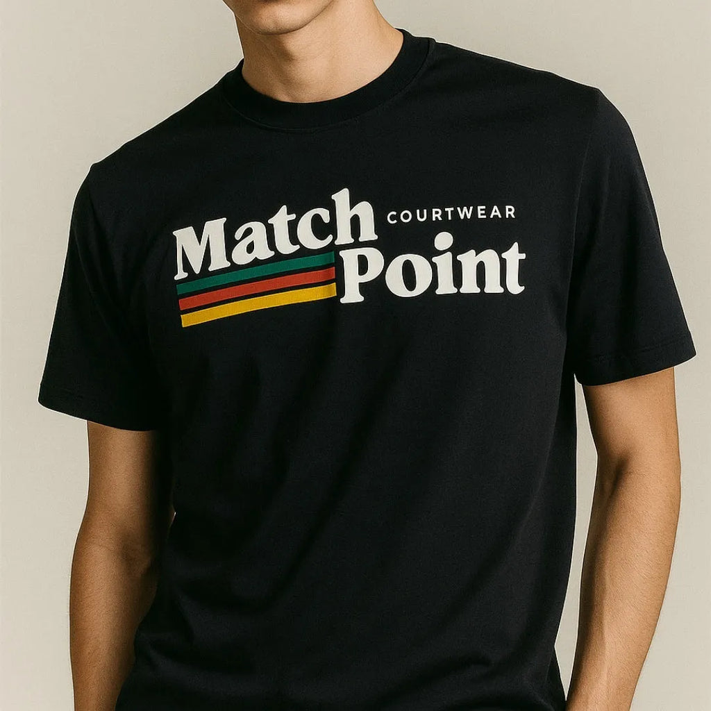 Black men's t-shirt with a 3D digital printed pattern, round neck, and short sleeves on a plain background.