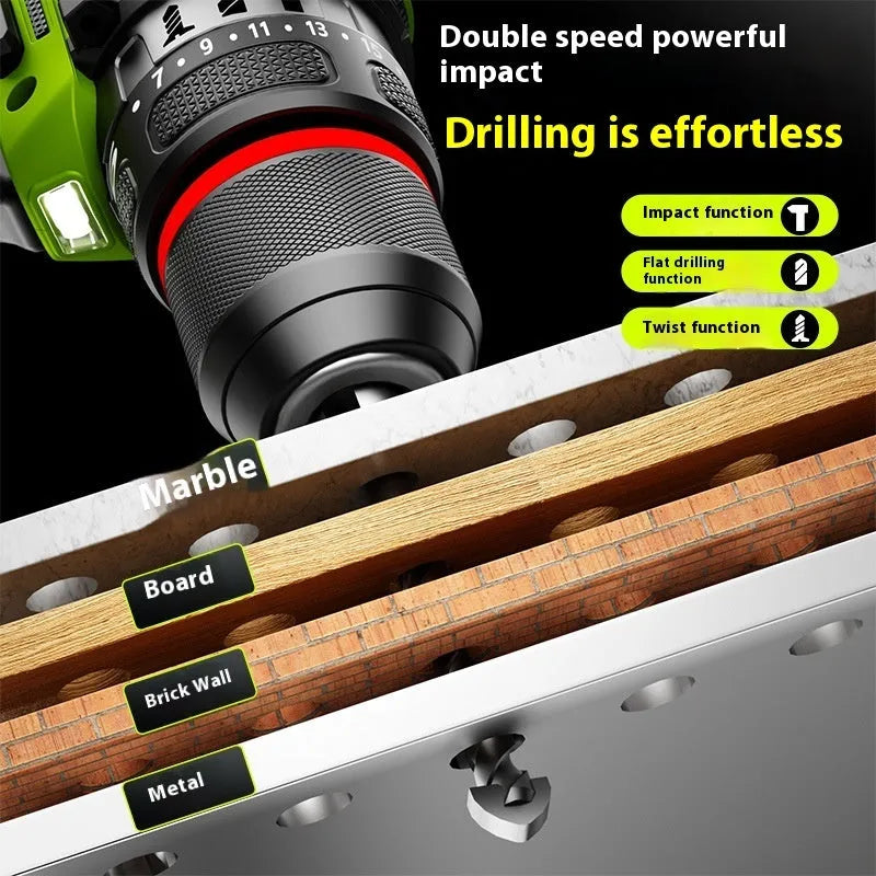 21V brushless impact drill with 10mm chuck, 150Nm torque, and two lithium batteries