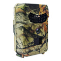 Yellow brown plastic 16MP hunting game camera with infrared LEDs for night vision.