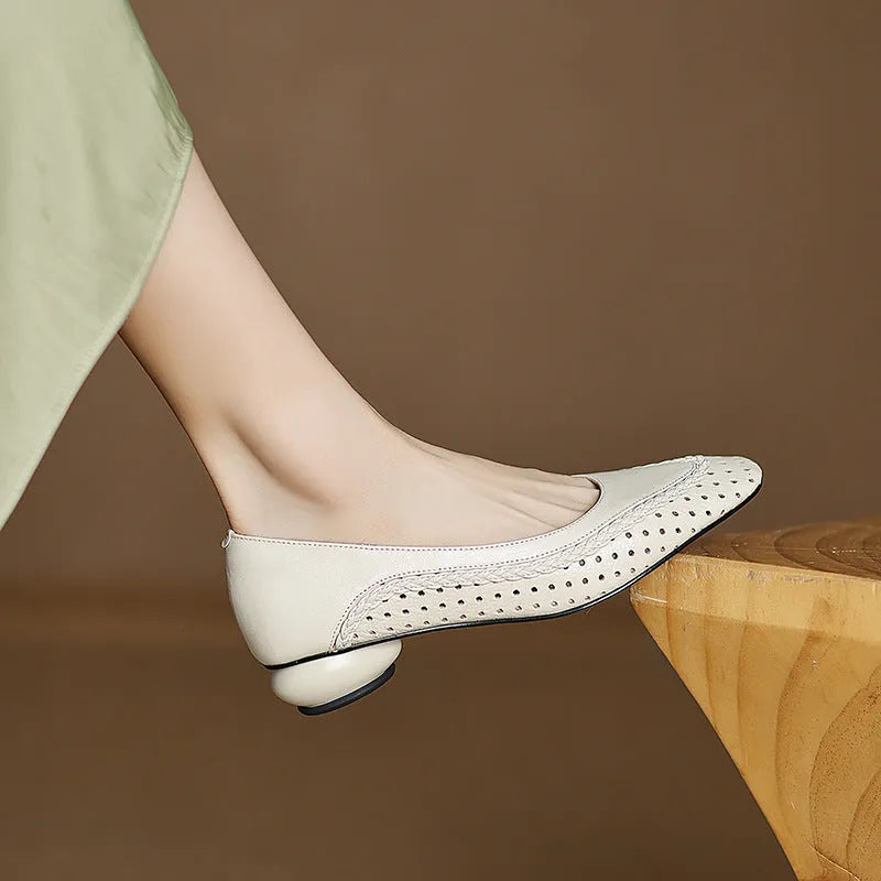 Women's milky white goat skin sandals with hollow-out design and beef tendon sole.