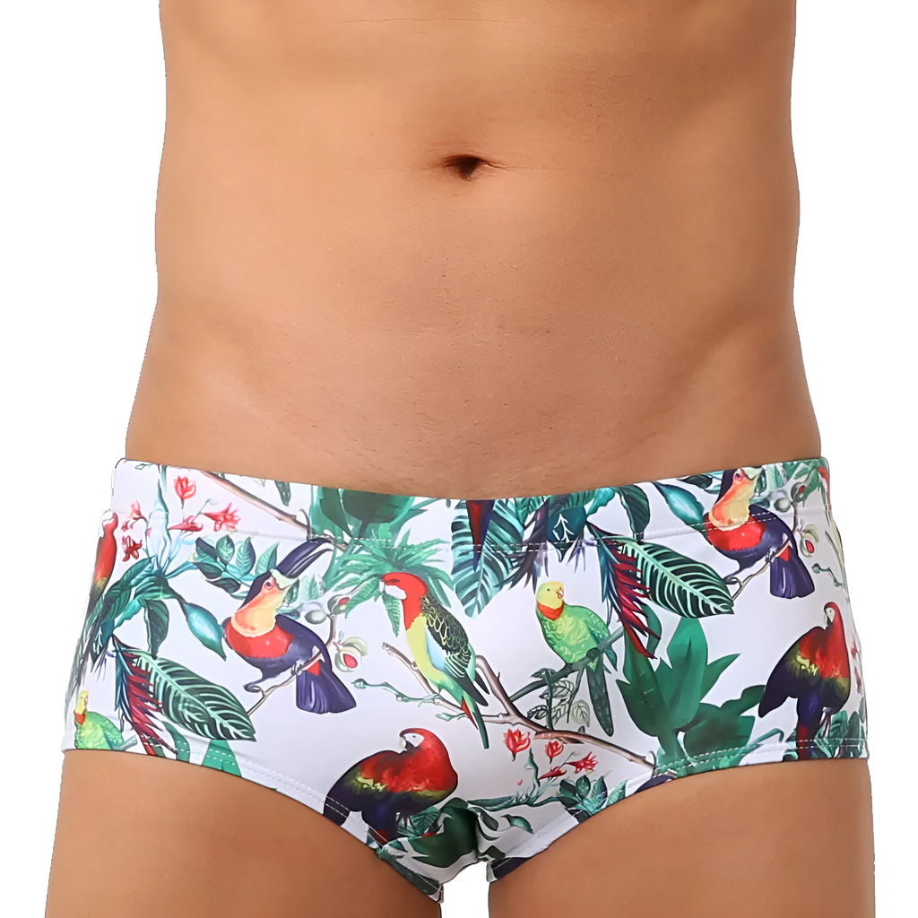 Men's flower-bird print swimming trunks with cup cover in nylon fabric