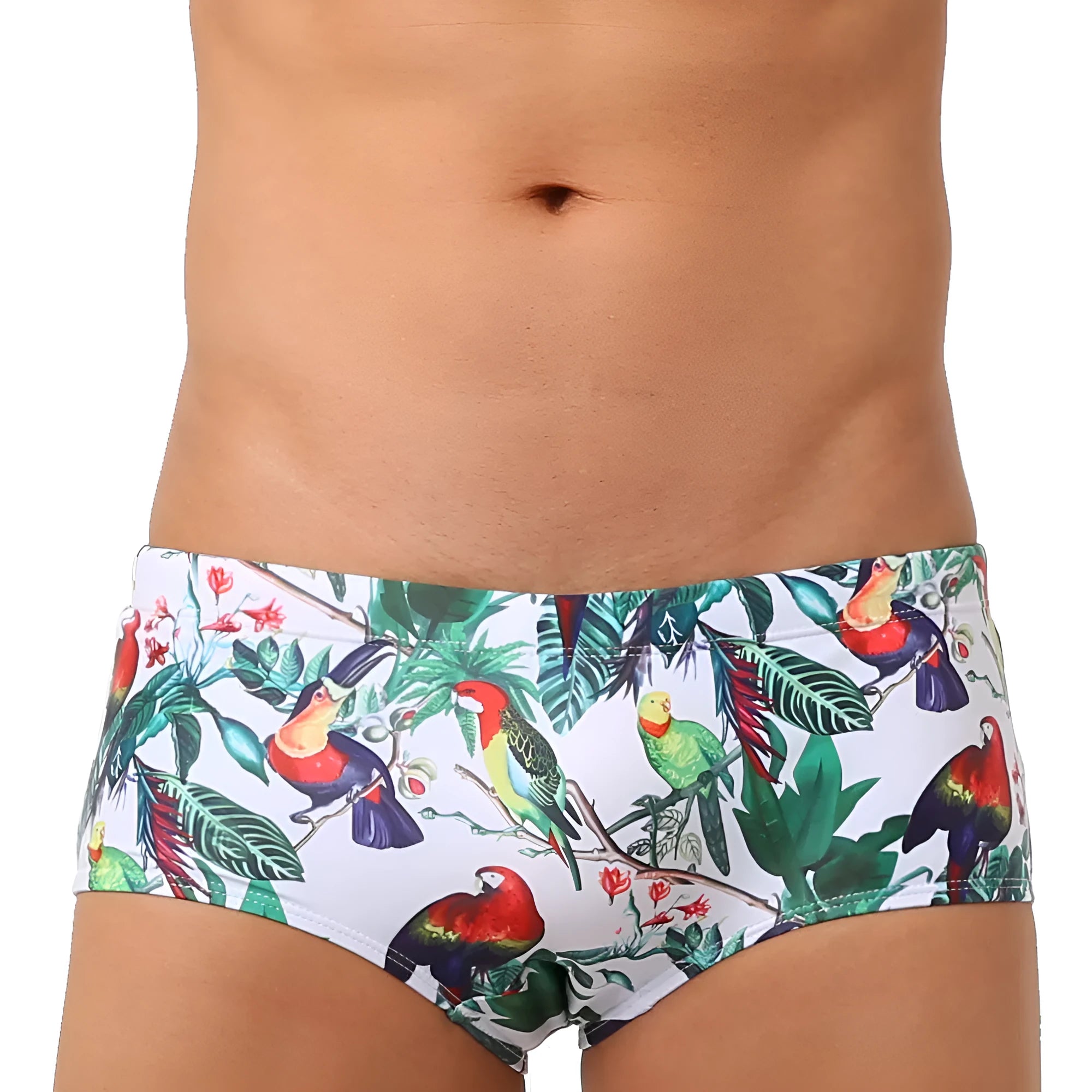 Men's flower-bird print swimming trunks with cup cover in nylon fabric
