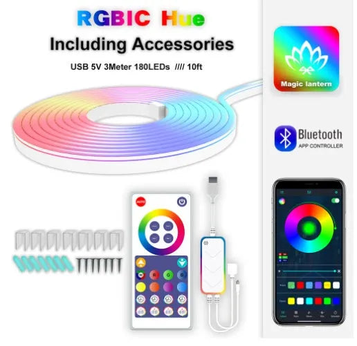 3 metre long USB LED neon light strip with Bluetooth control and RGB magic colour lighting