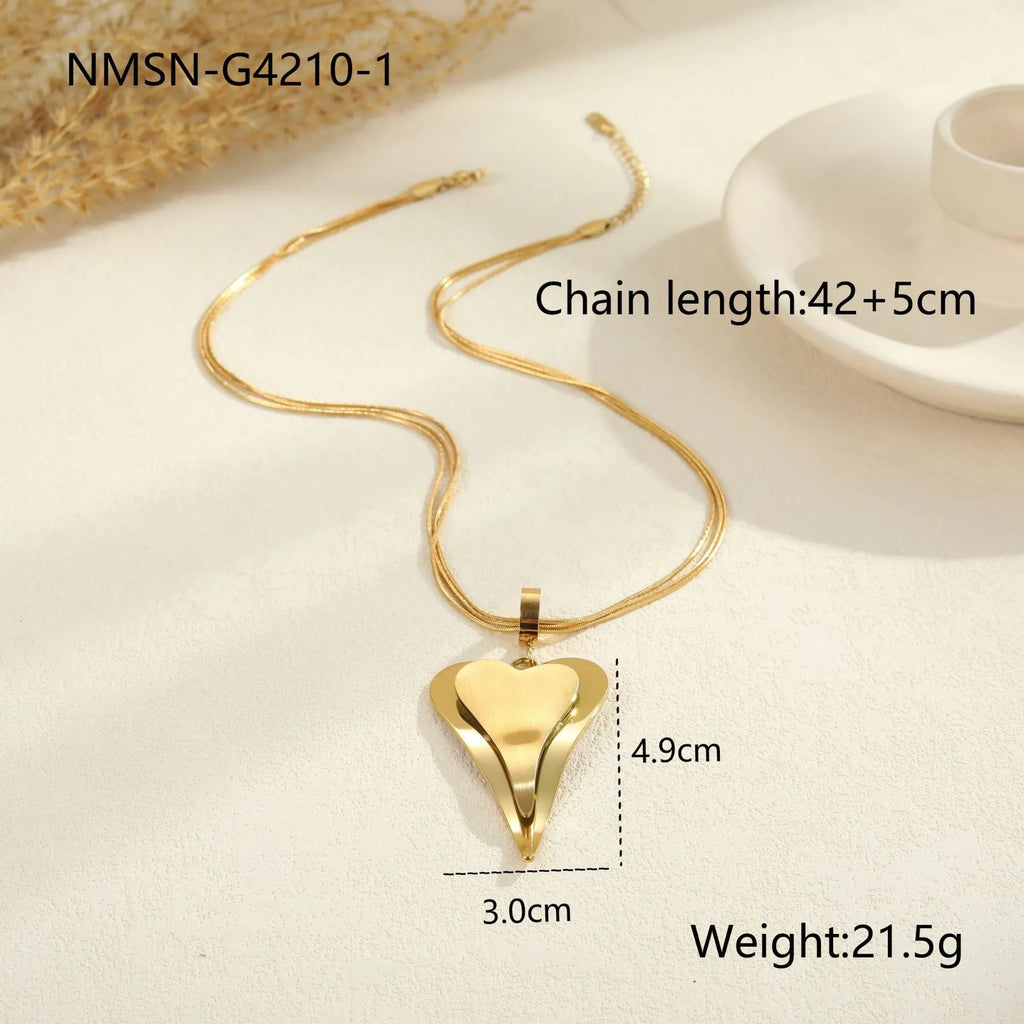 Women's stainless steel snake bones chain necklace with geometric double heart pendant