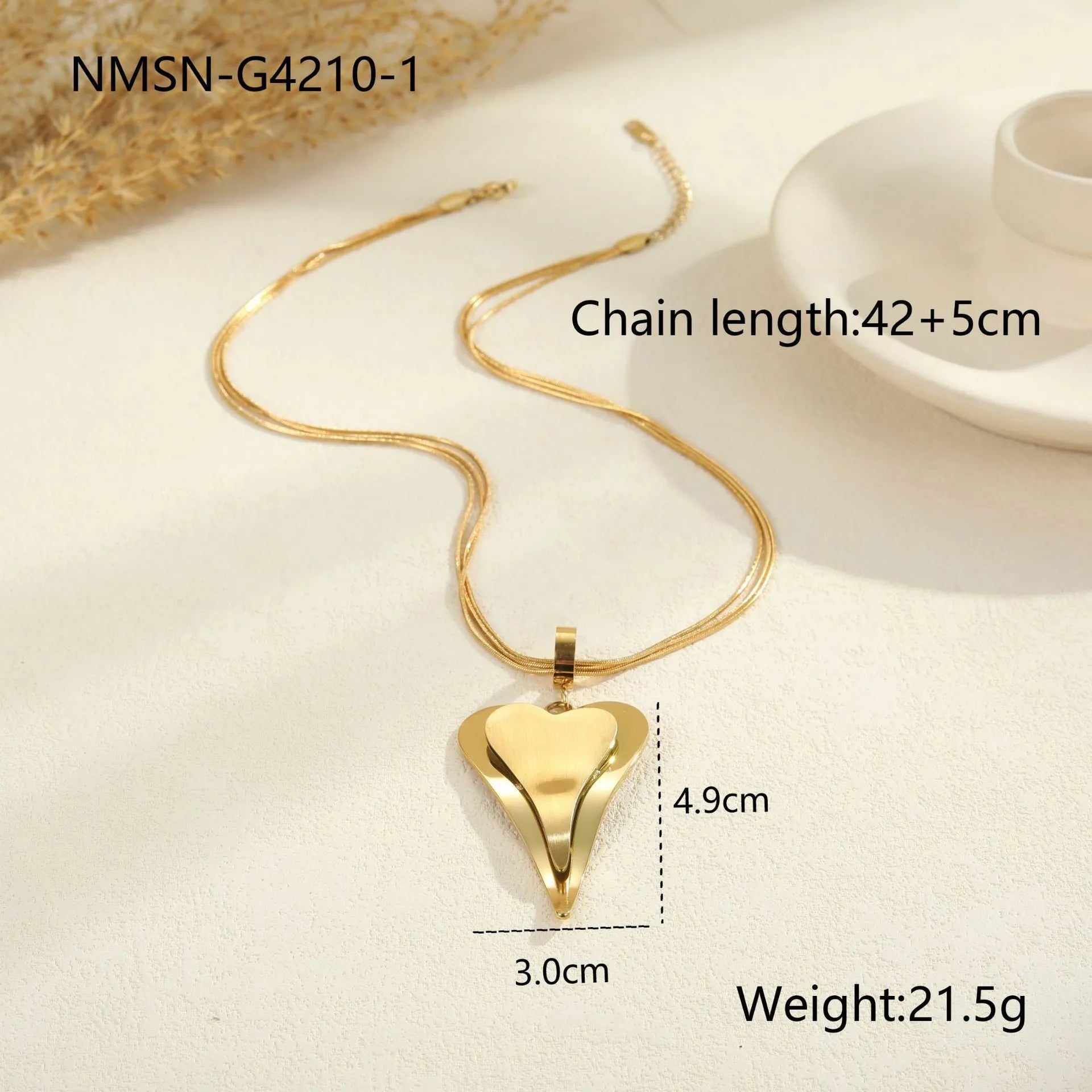 Women's stainless steel snake bones chain necklace with geometric double heart pendant