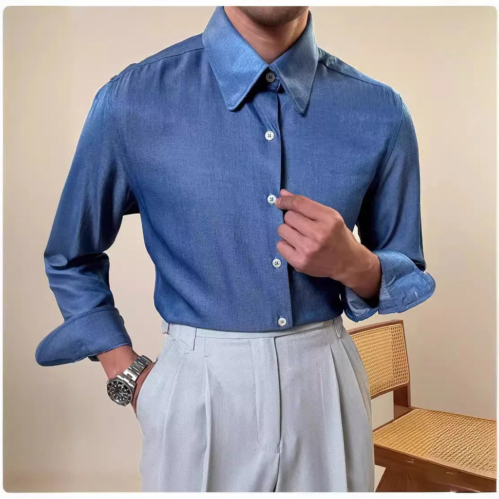 Men's slim fit long sleeve shirt in blue with round collar for business casual wear