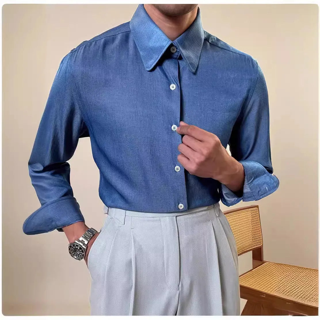 Men's slim fit long sleeve shirt in blue with round collar for business casual wear