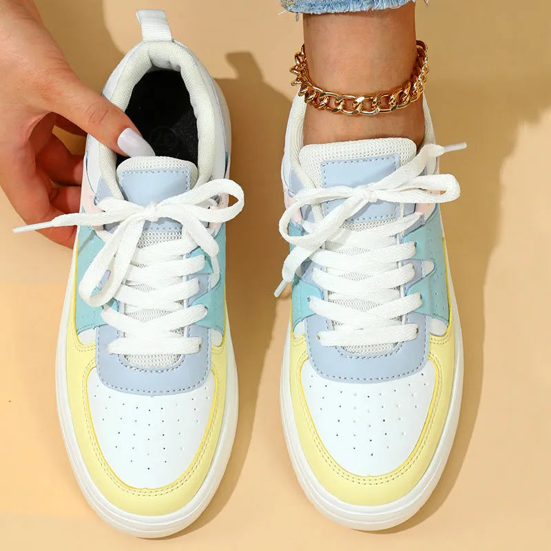 Trendy couple platform sneakers in white and yellow moon with lace-up low-top PU mesh upper