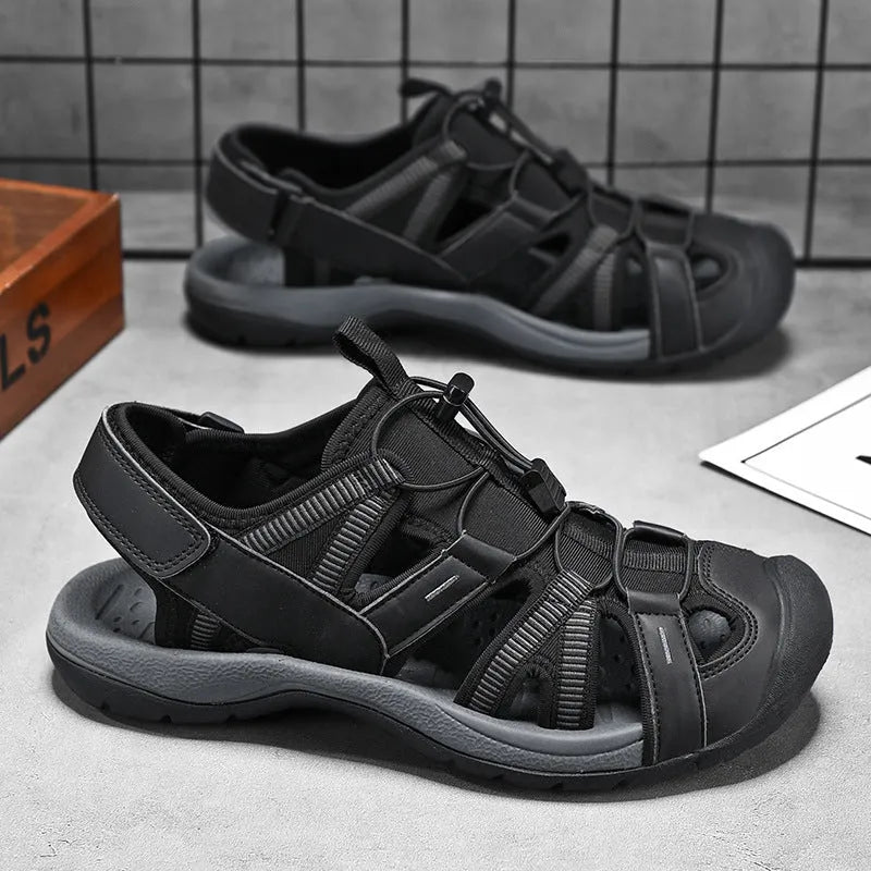 Men's blue and black casual sports shoes with Velcro strap and mesh upper on a rubber sole.