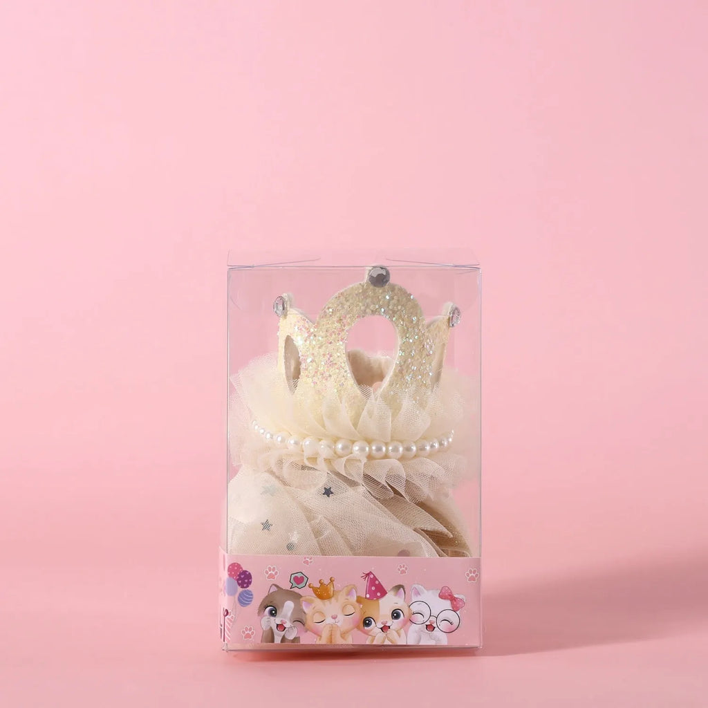 A cat wearing a princess crown headdress with a soft veil, available in beige or pink.