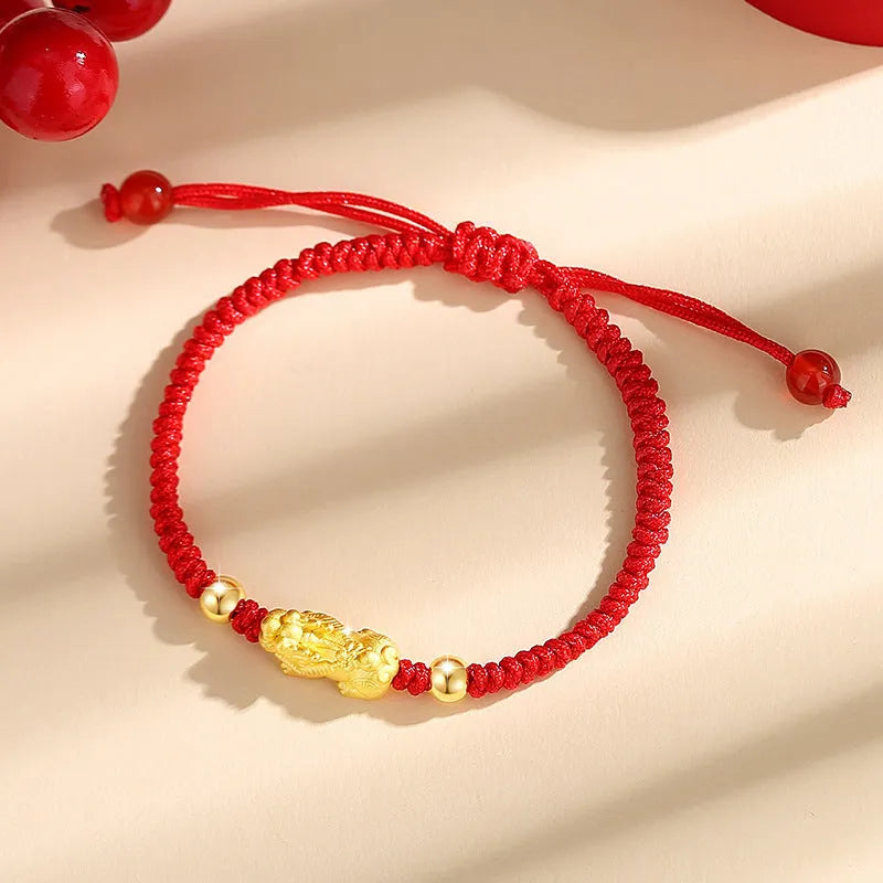 Hand-woven Swallowing Gold Beast couple's bracelet in black or red with three-dimensional decoration