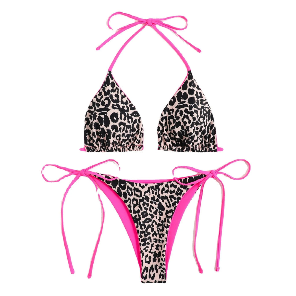 Women's lace-up front triangle bikini set in polyester fabric showing adjustable fastening