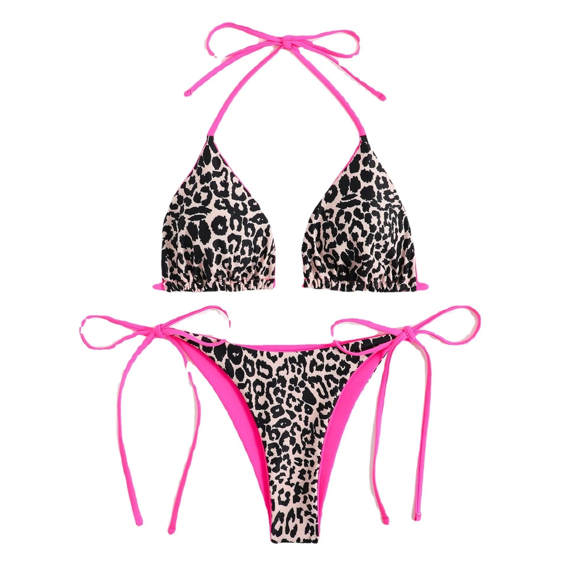 Women's lace-up front triangle bikini set in polyester fabric showing adjustable fastening