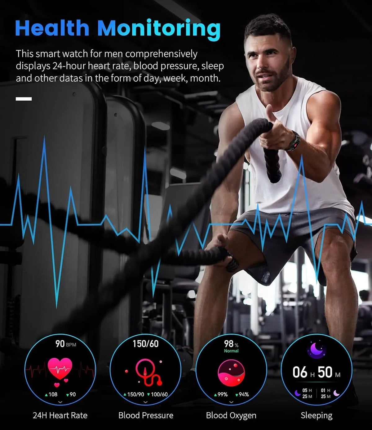 K52 Bluetooth smart watch with black strap, IPS screen, and health monitoring sensors on a table