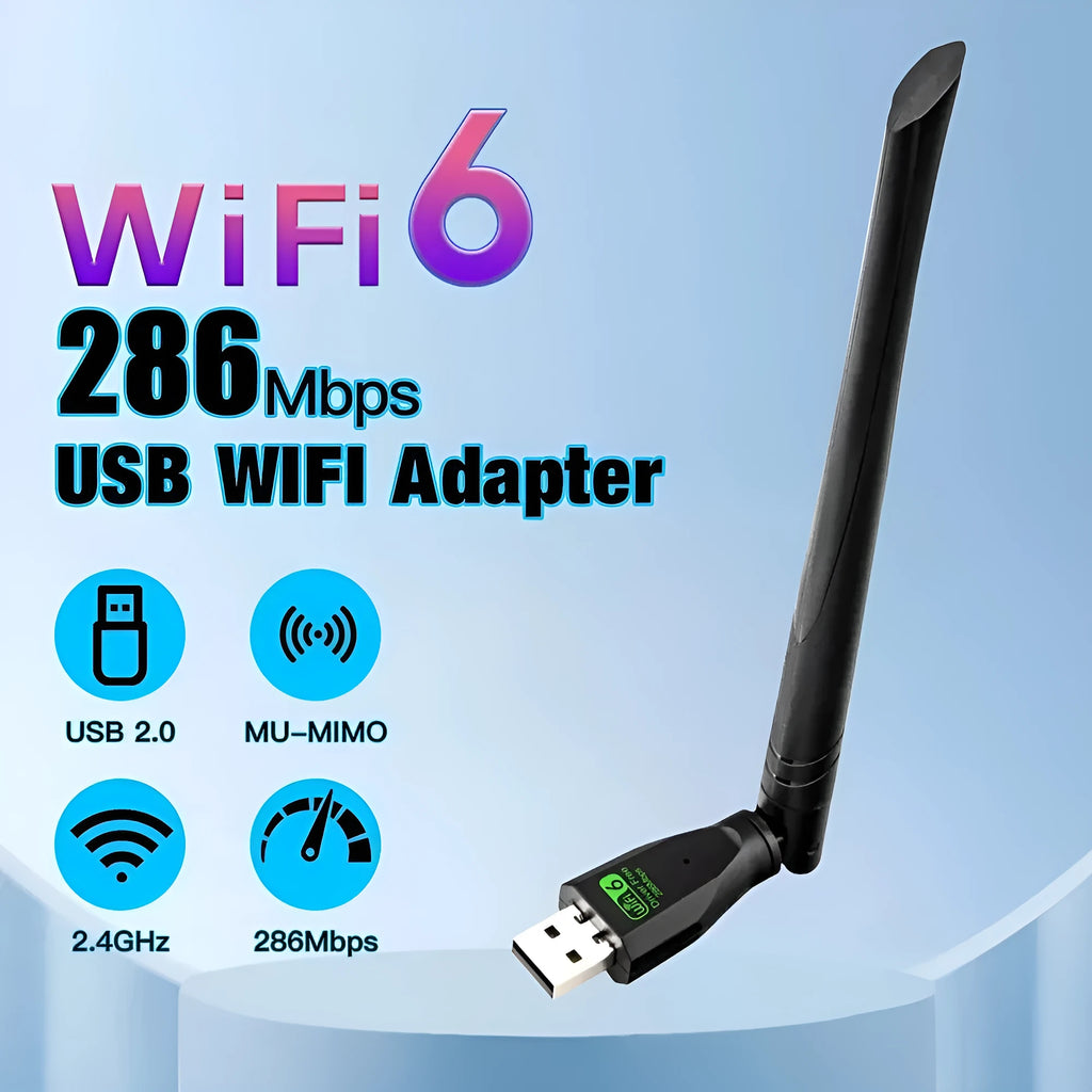 Black USB WiFi 6 wireless network card for desktop and laptop computers.